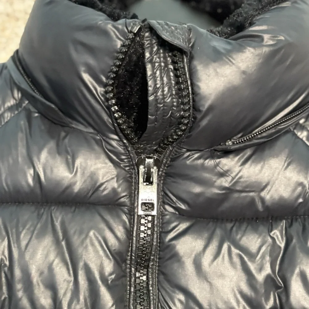 Diesel Puffer Jacket Size 10/12 Girls Black No Hood Faux Fur Zipper Up Pockets